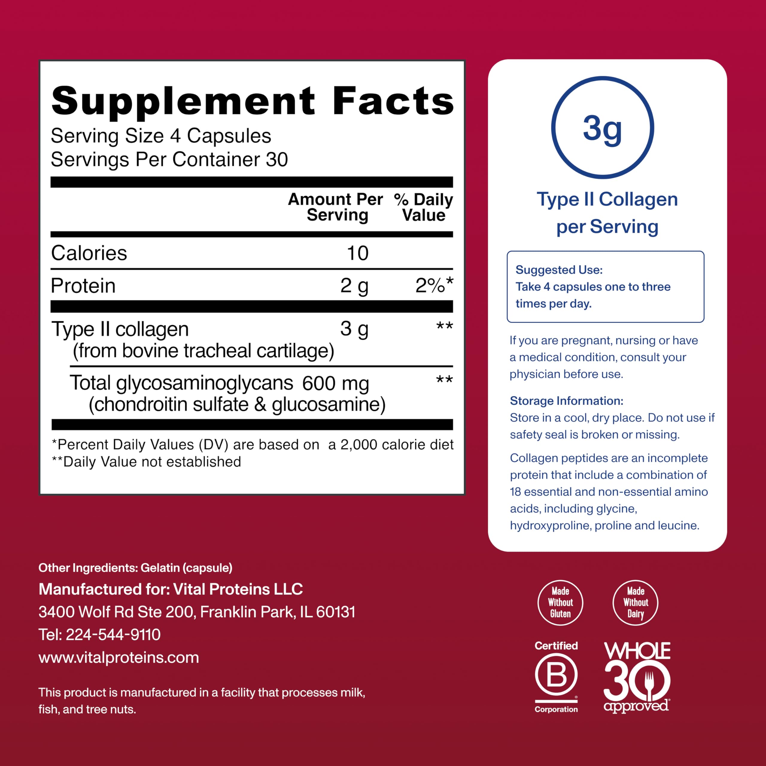 Vital Proteins Cartilage label detail highlights Type II collagen and chondroitin sulfate.