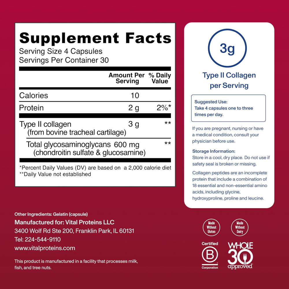 Vital Proteins Cartilage label detail highlights Type II collagen and chondroitin sulfate.
