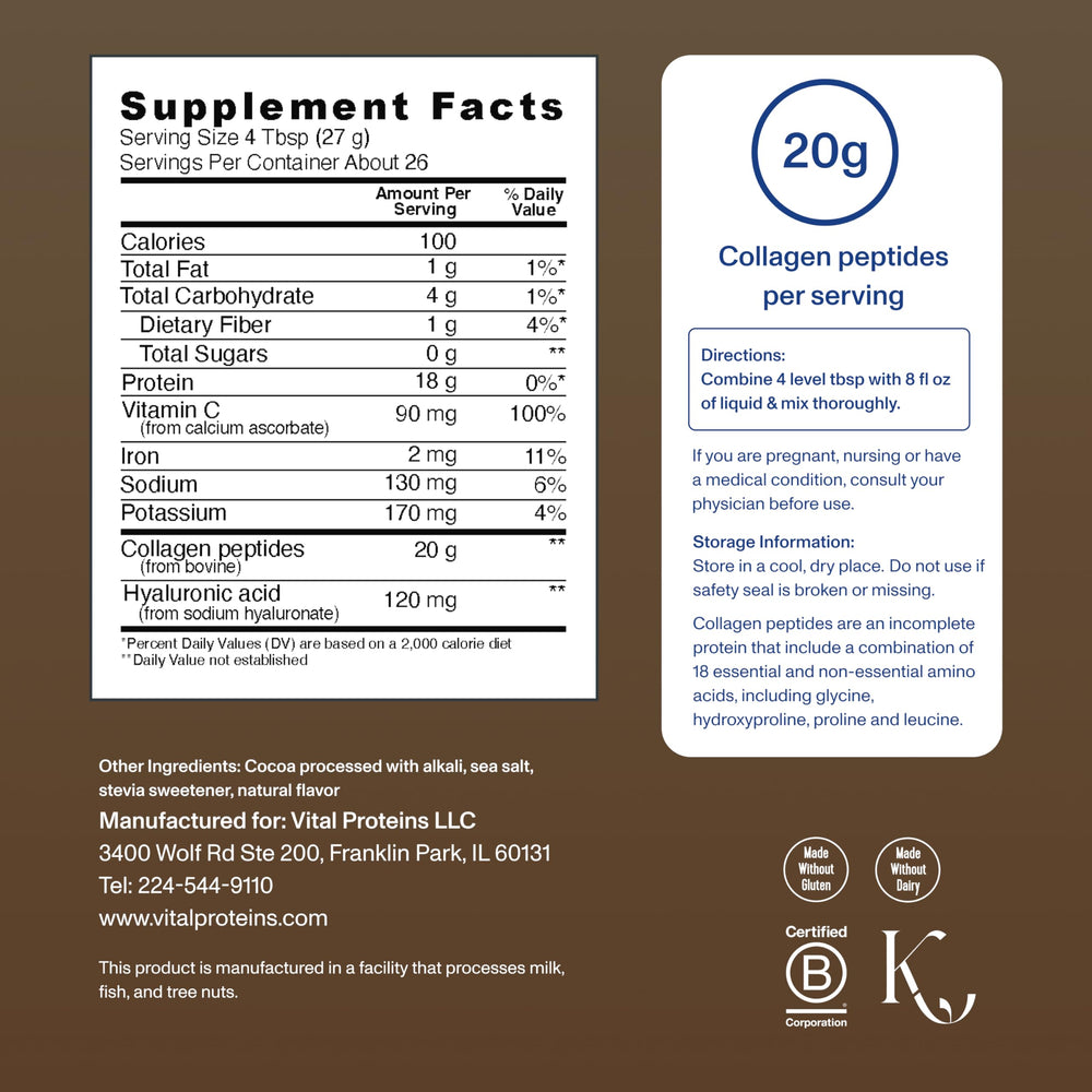 Vital Proteins Collagen Peptides Advanced chocolate coffee mug; blends smoothly into morning cup.