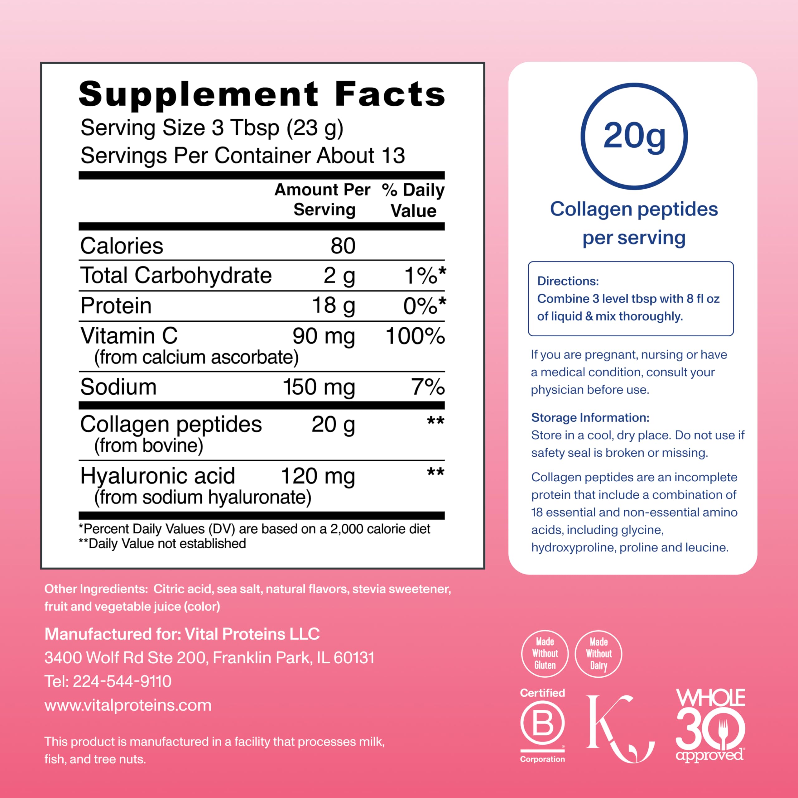 Vital Proteins Collagen Peptides Advanced ingredients display with vitamin C and hyaluronic acid