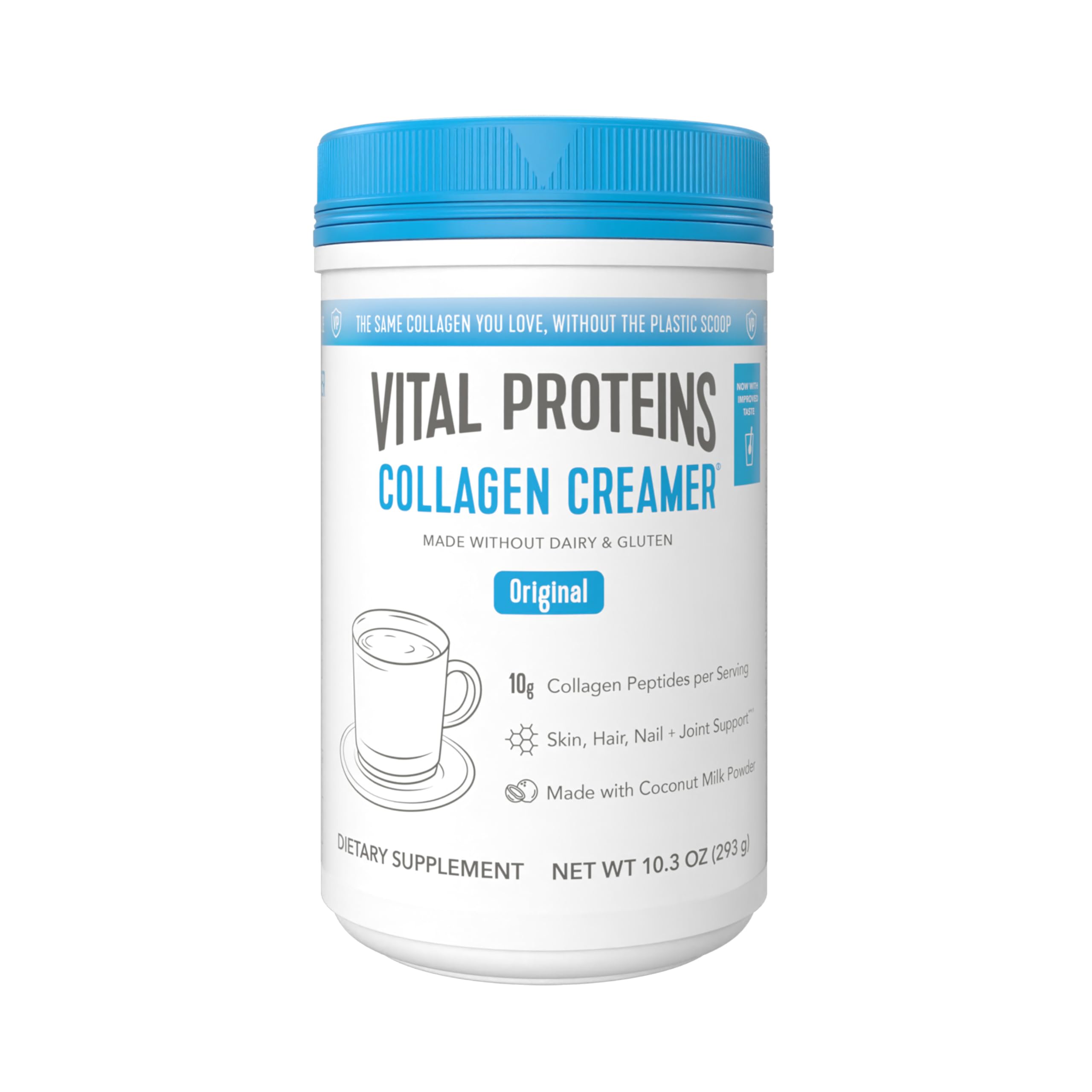 Vital Proteins collagen peptides bottle highlighting a dairy-free coffee creamer option.