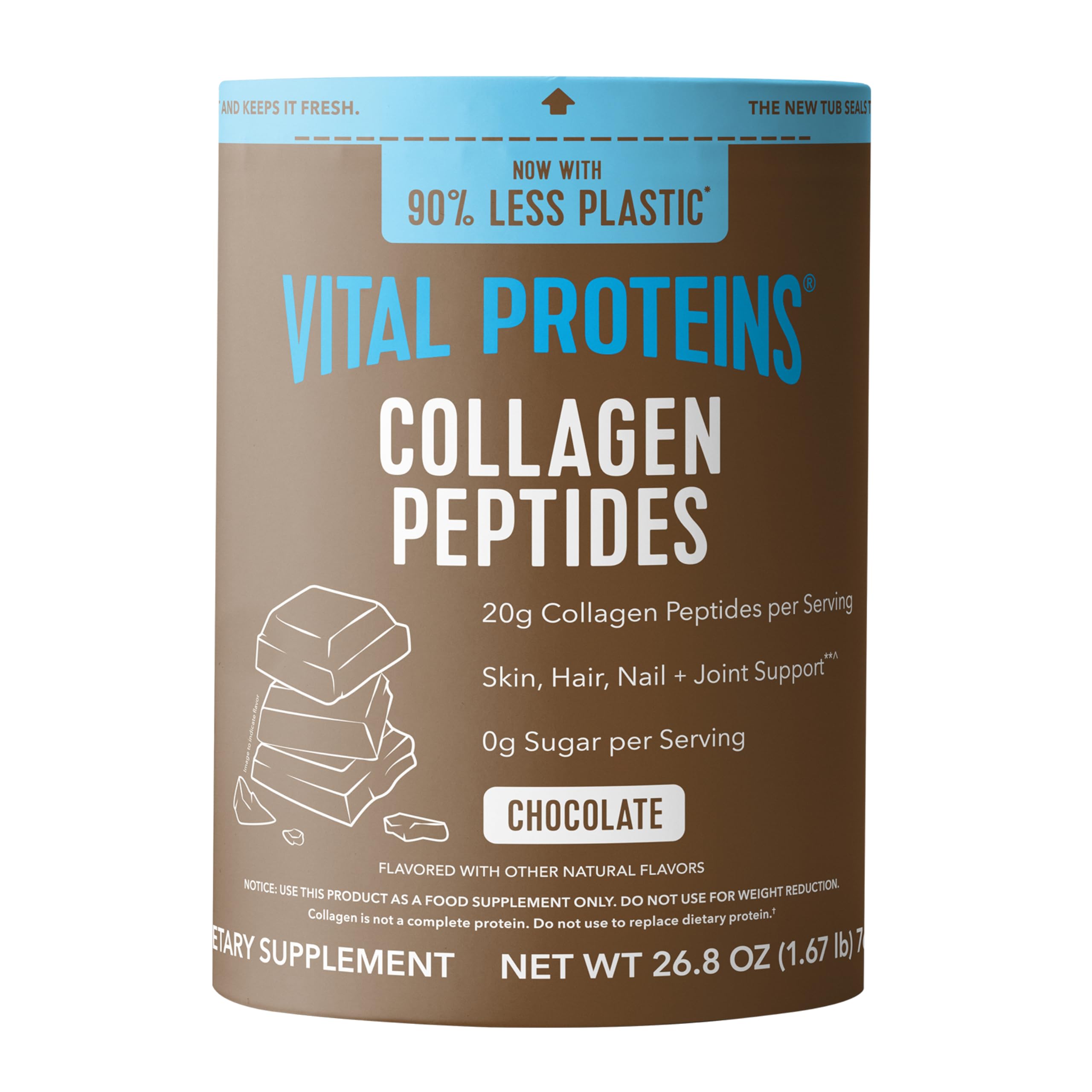Vital Proteins Collagen Peptides Chocolate bottle shows grass-fed sourcing for daily use.
