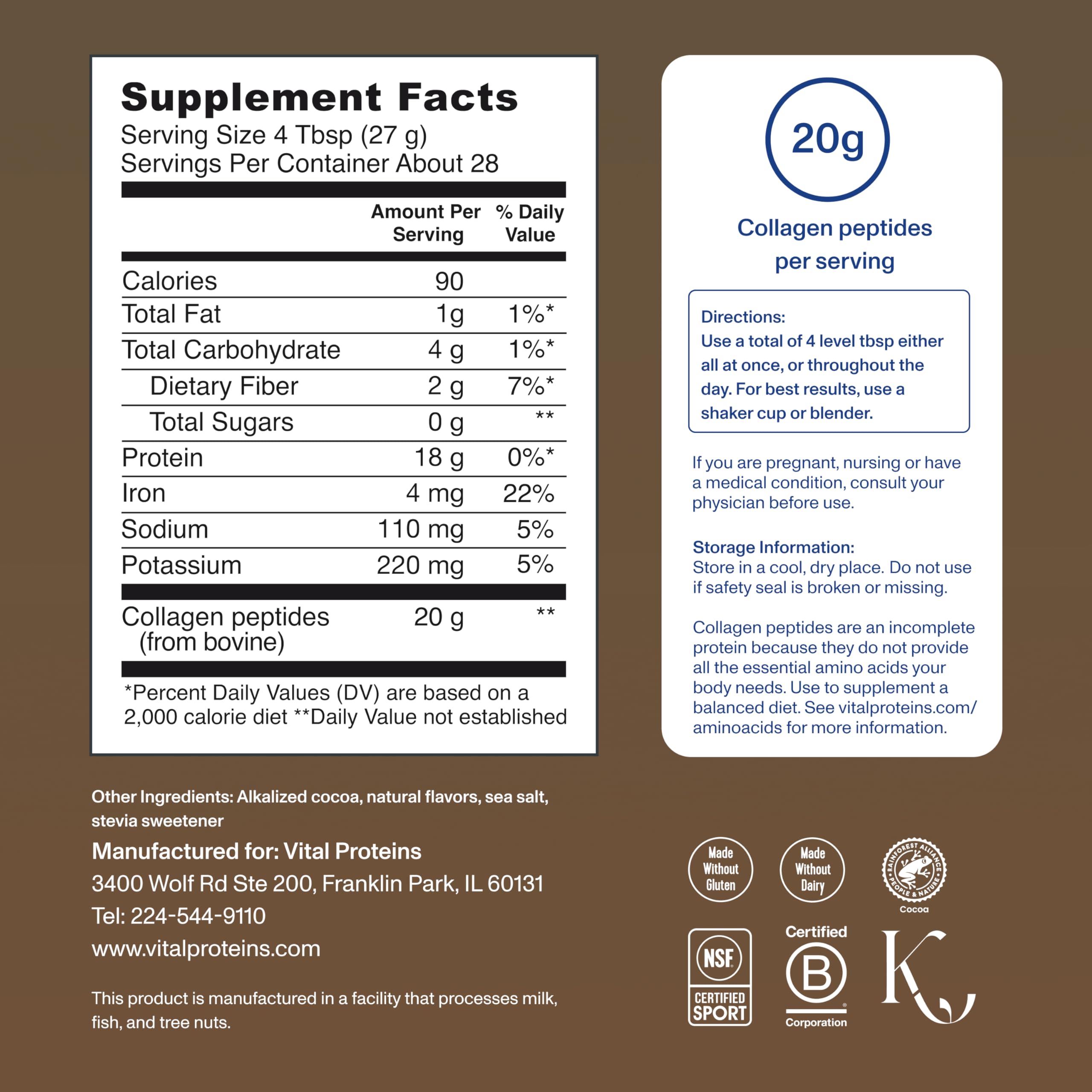 Vital Proteins Collagen Peptides Chocolate close-up reveals fine powder texture.