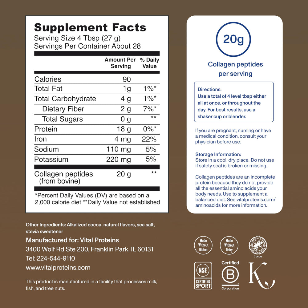 Vital Proteins Collagen Peptides Chocolate close-up reveals fine powder texture.