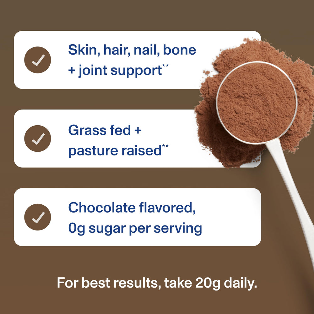 Vital Proteins label features grass-fed emblem on chocolate collagen.