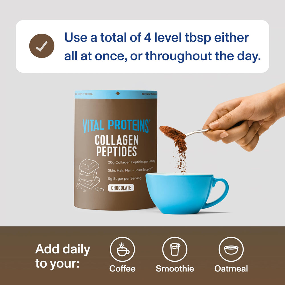 Vital Proteins packaging front emphasizes 28 servings and chocolate flavor.