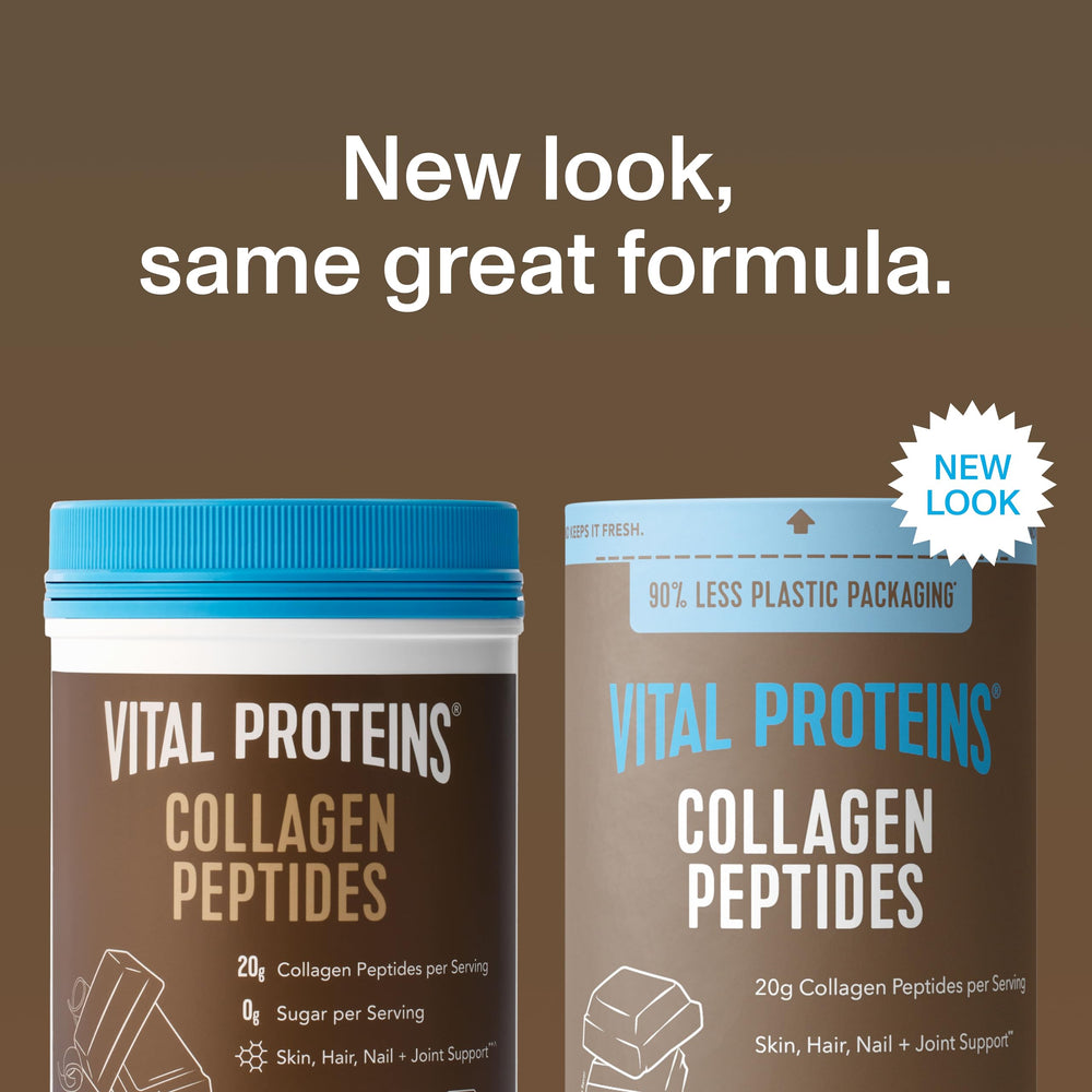 Vital Proteins Collagen Peptides Chocolate tub on shelf showing grass-fed ingredients