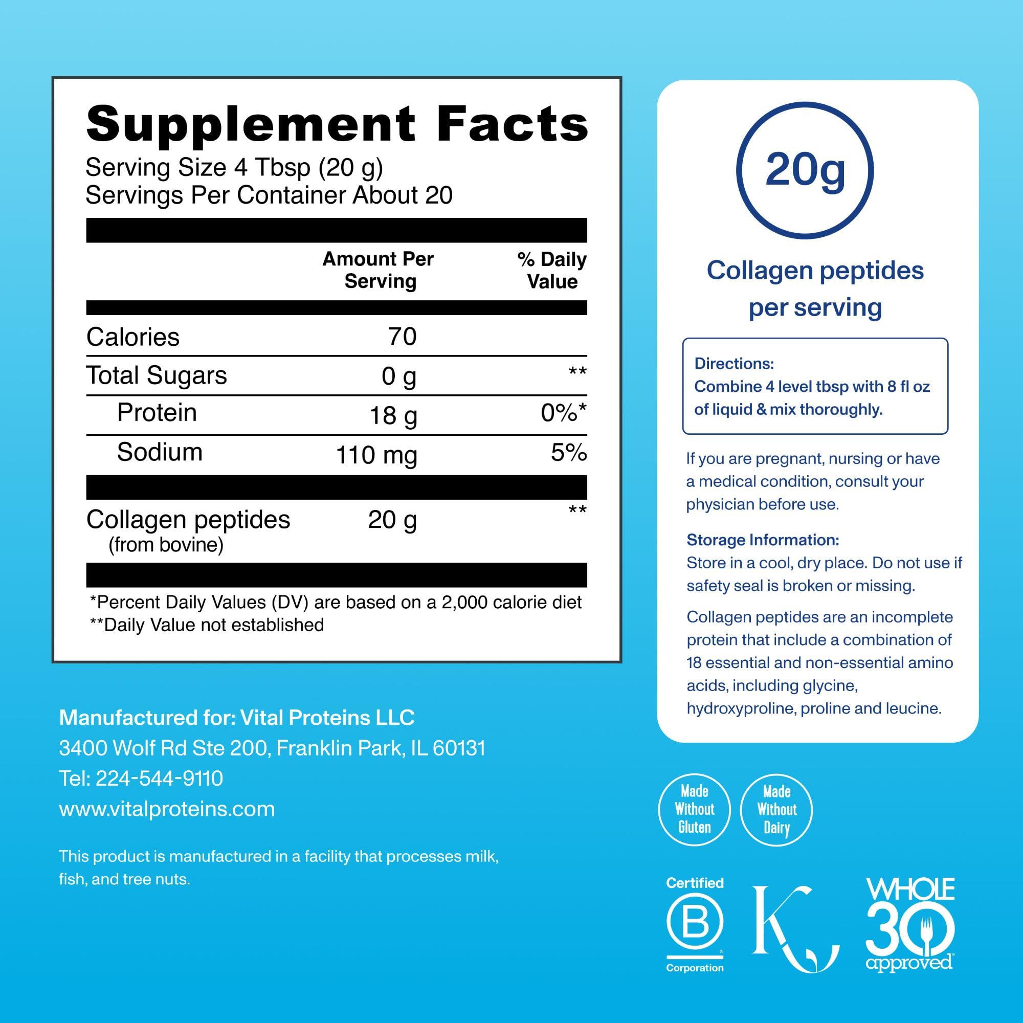 Vital Proteins Collagen Peptides grass-fed label highlighting pasture-raised source.