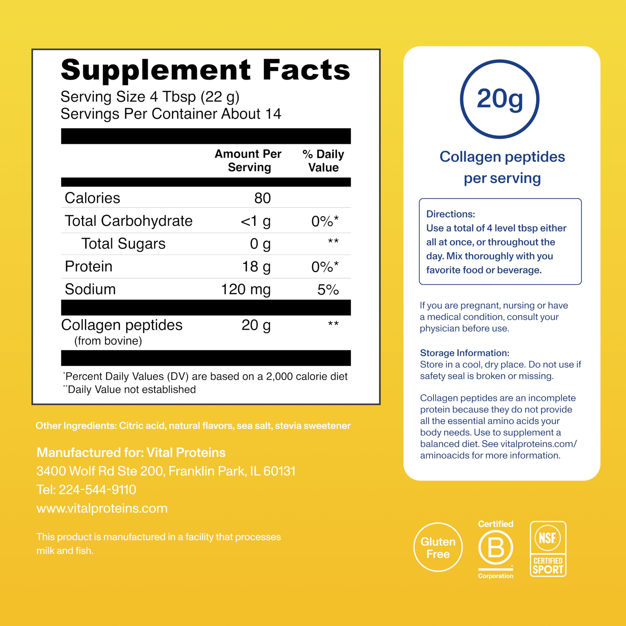 Vital Proteins collagen tub on kitchen counter with glass for daily use.