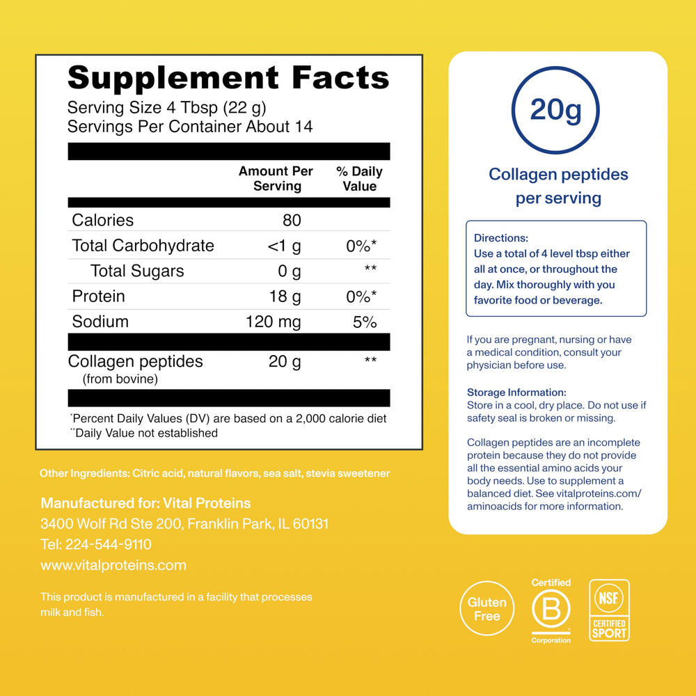 Vital Proteins collagen tub on kitchen counter with glass for daily use.