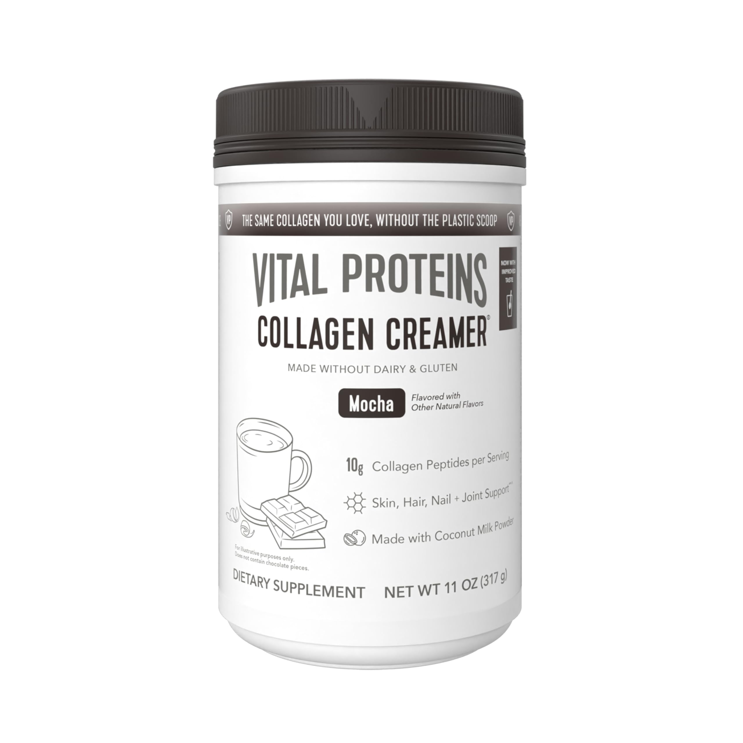 Vital Proteins Collagen Peptides Mocha Coffee Creamer packaging shows a dairy-free option for rich coffee