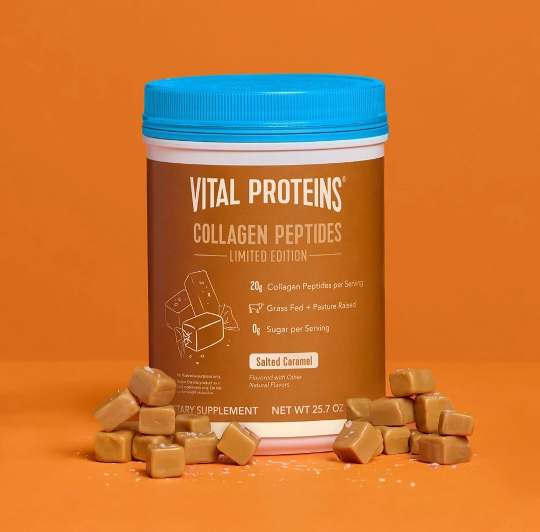Vital Proteins collagen peptides salted caramel bottle on a counter indicating premium bovine collagen