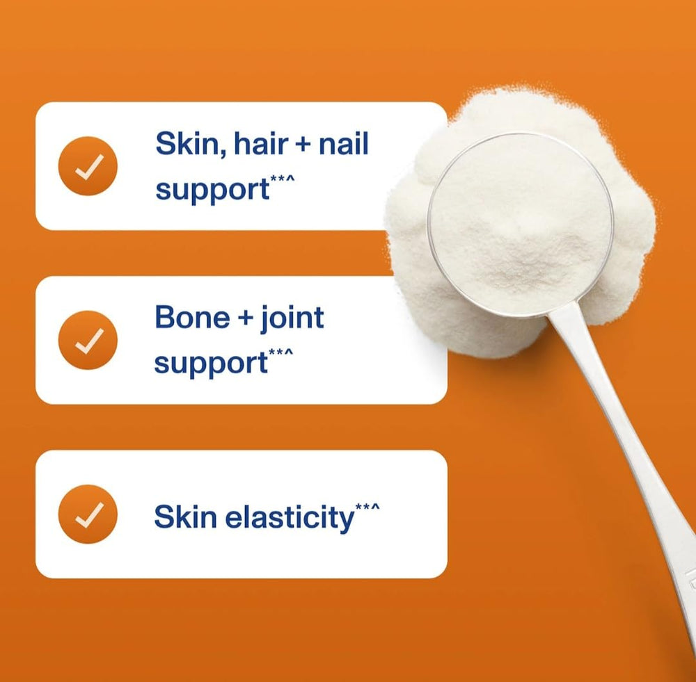 Vital Proteins collagen peptides salted caramel scoop beside the tub for convenient servings