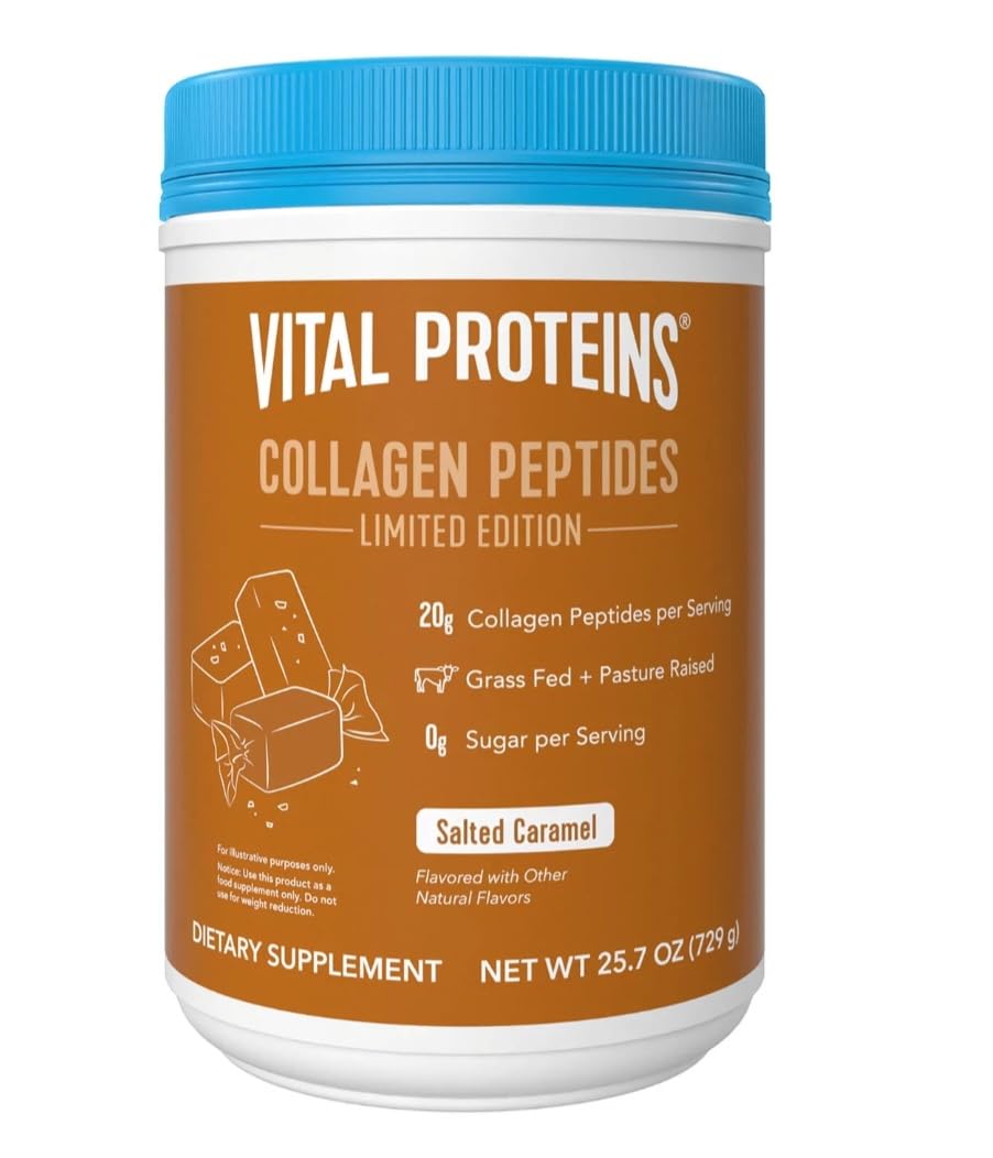Vital Proteins collagen peptides salted caramel tub on a counter highlighting skin hydration potential