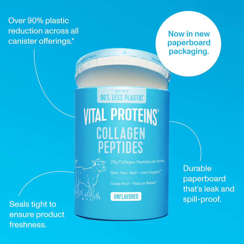 Vital Proteins Collagen Peptides scoop beside a beverage for quick daily use.