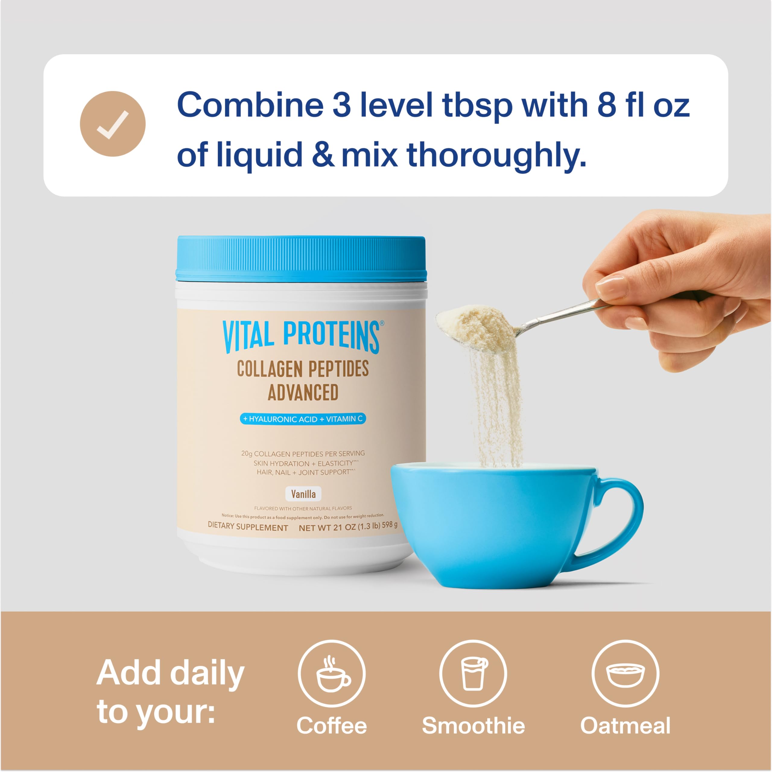 Vital Proteins collagen peptides vanilla daily-dose close-up highlights easy daily use