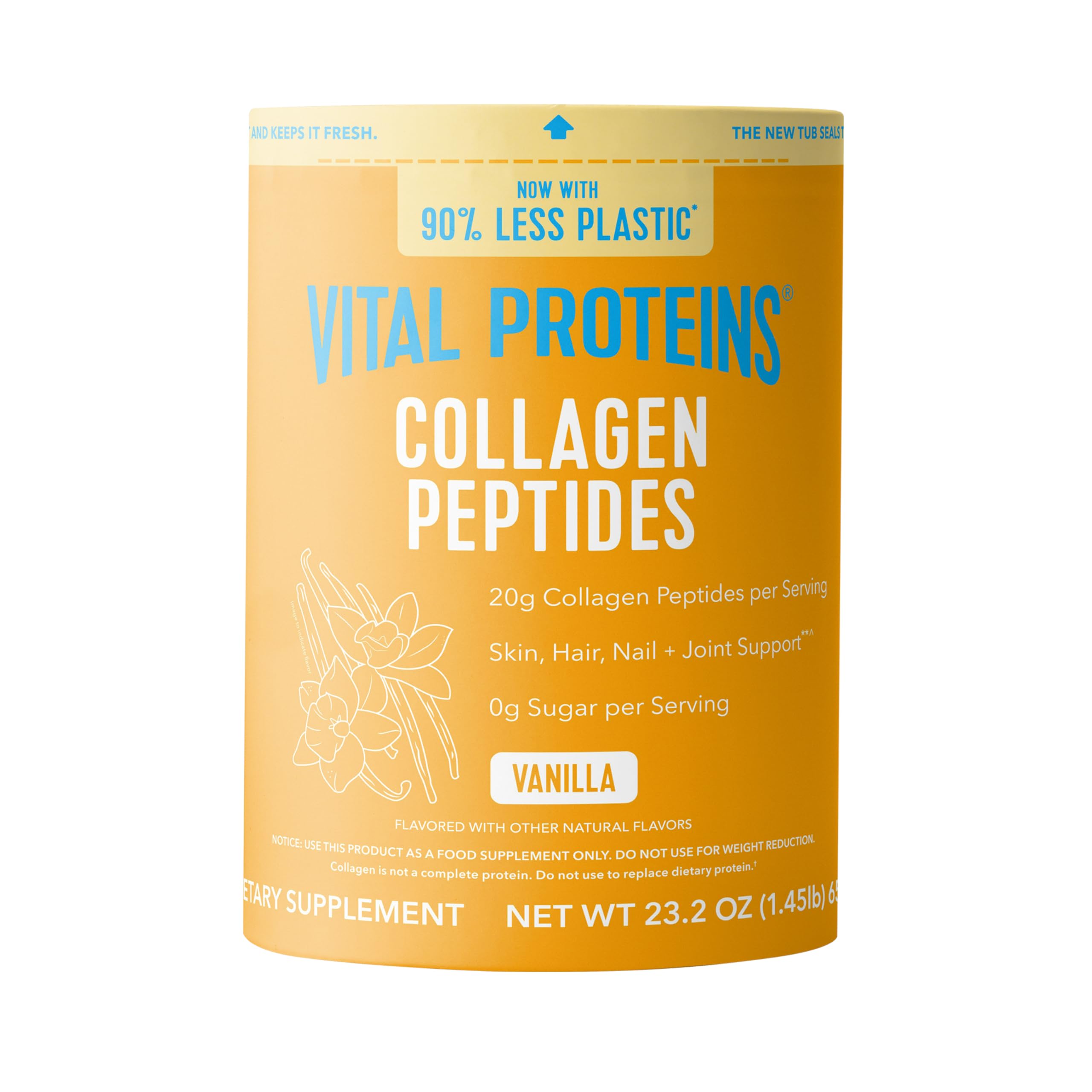Vital Proteins Collagen Peptides Vanilla jar on kitchen shelf promoting healthy hair and skin.