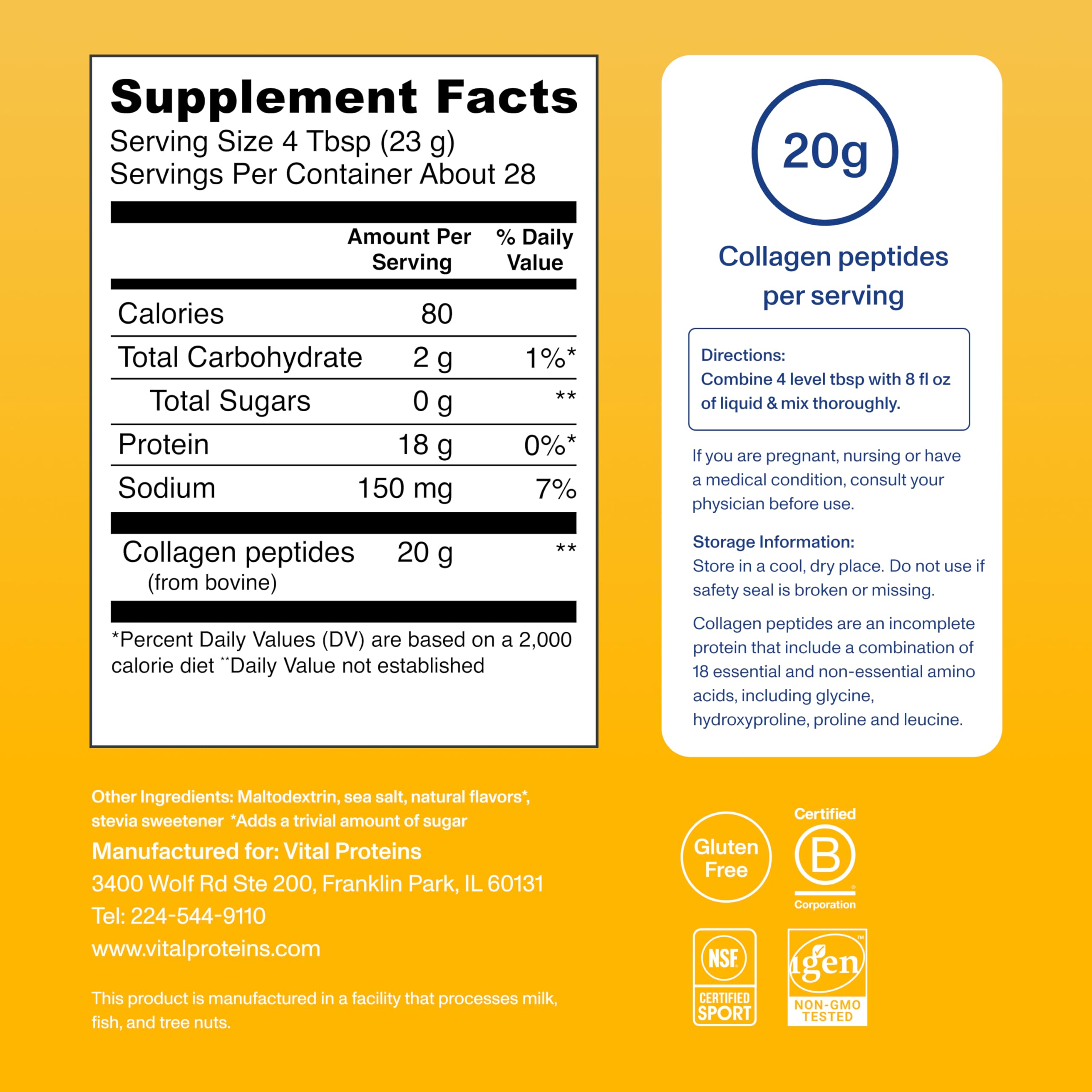 Vital Proteins Collagen Peptides Vanilla label close-up highlighting Whole30 and gluten-free benefits.