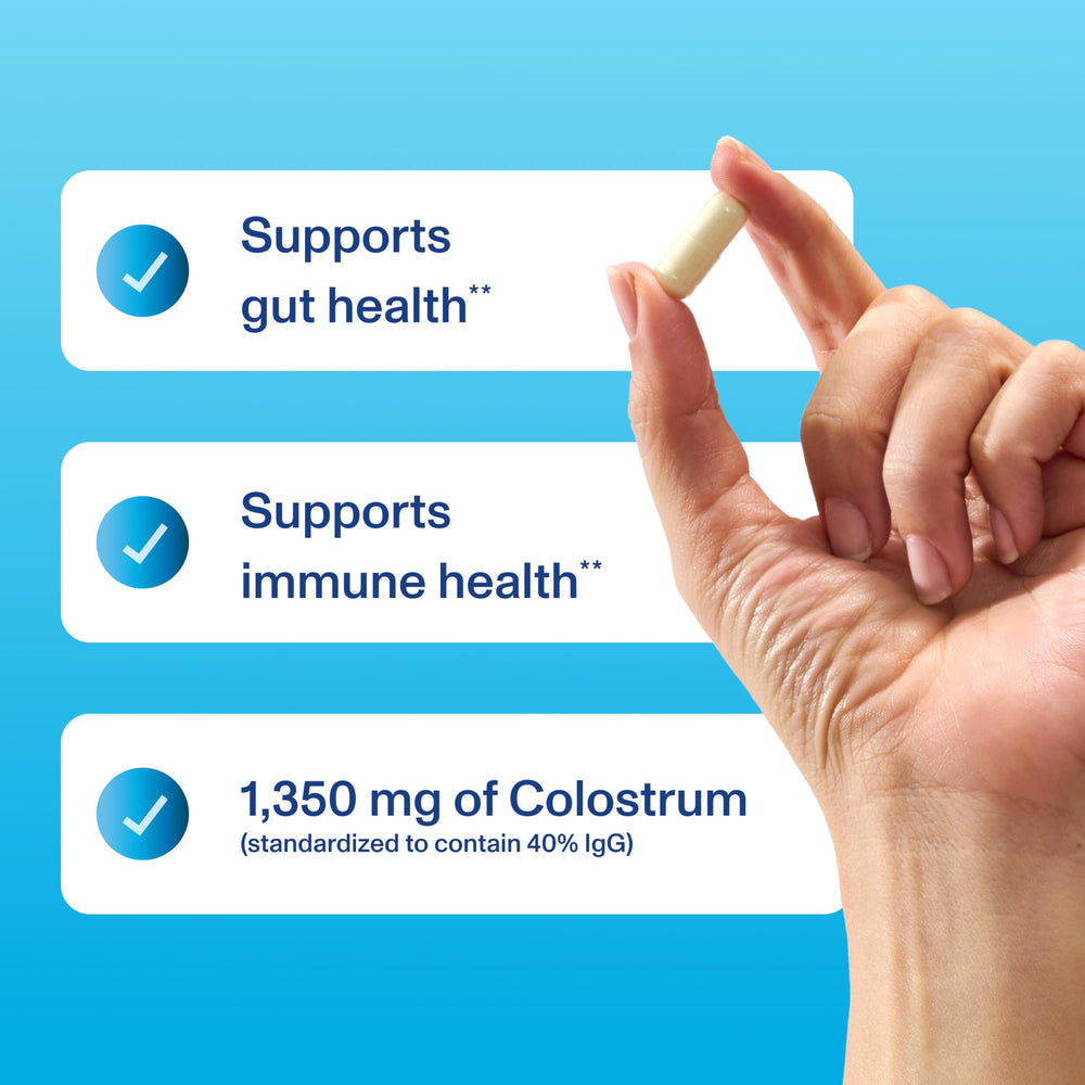 Vital Proteins colostrum IgG 40% graphic highlighting gut and immune support.