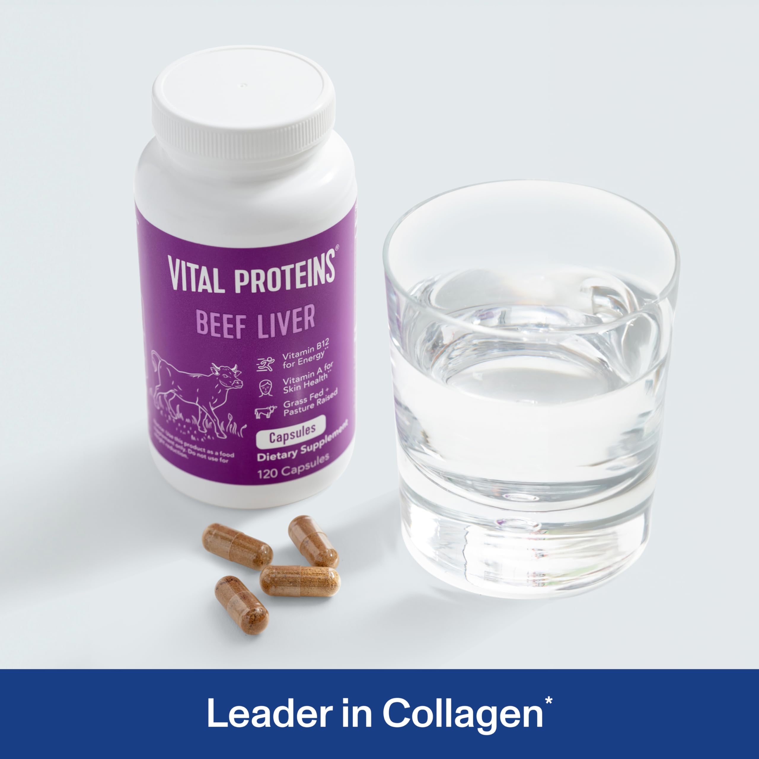 Vital Proteins desiccated liver capsules close-up cap, illustrating convenient daily energy support