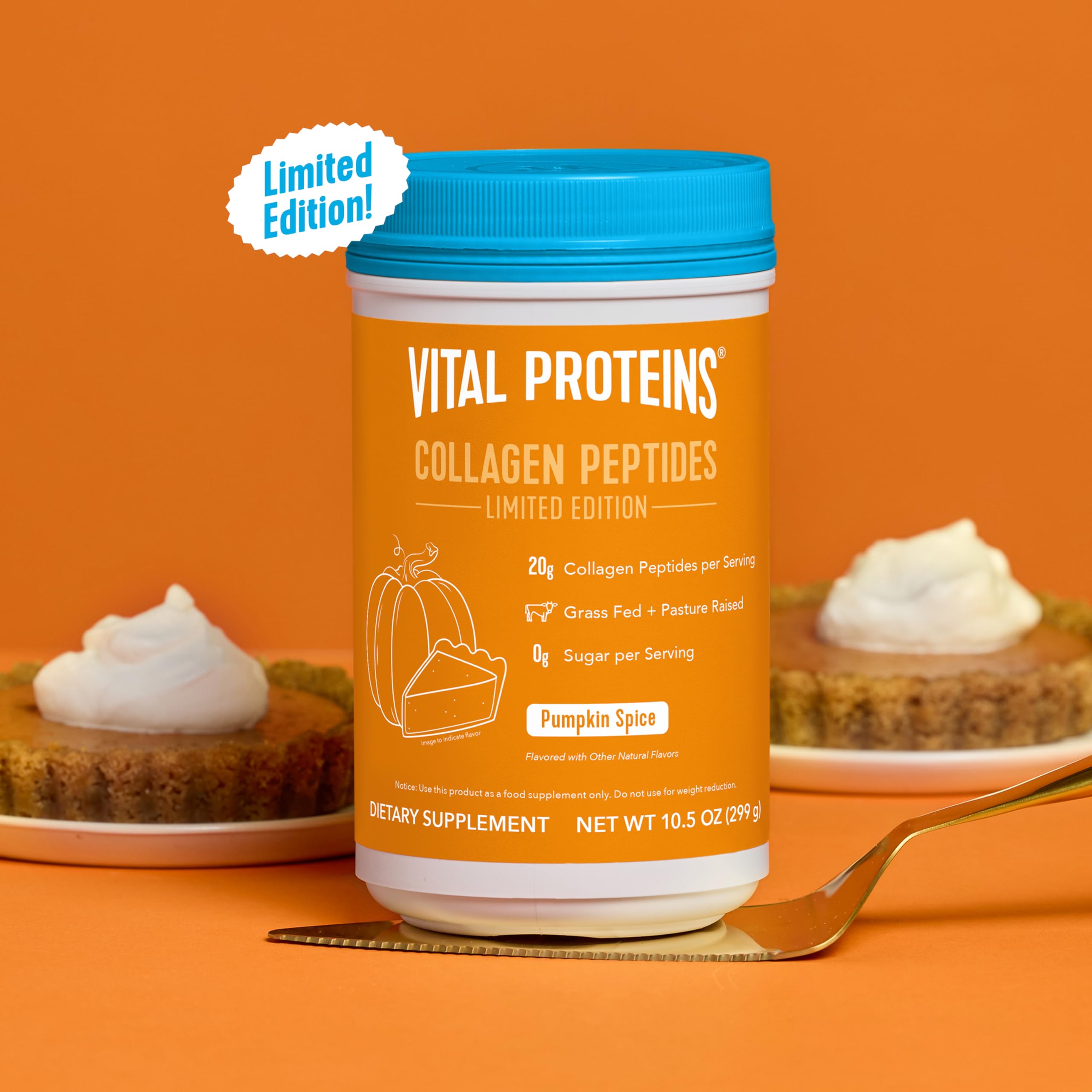 Vital Proteins Pumpkin Spice Collagen Peptides tub label highlights gluten-free, dairy-free ingredients.