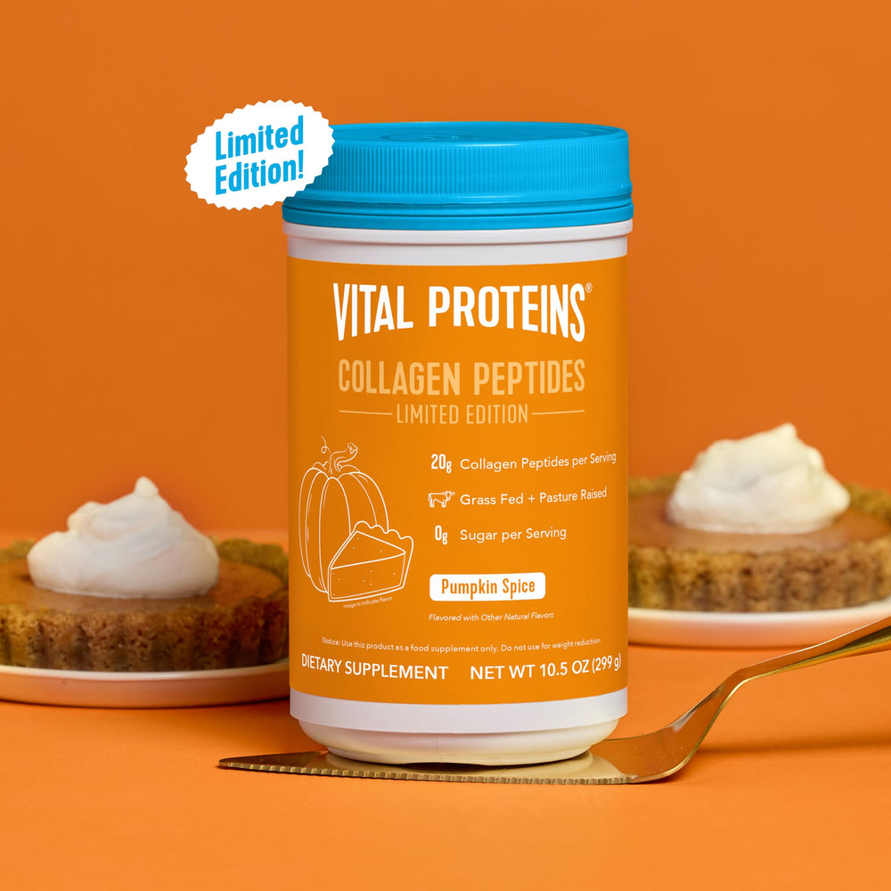 Vital Proteins Pumpkin Spice Collagen Peptides tub label highlights gluten-free, dairy-free ingredients.