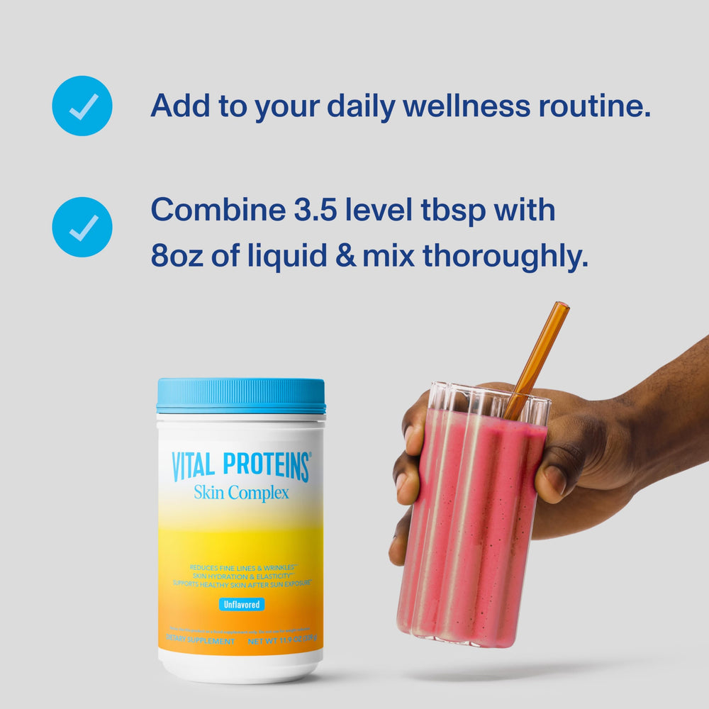 Vital Proteins Skin Complex ingredients with hyaluronic acid and vitamin C suggest enhanced skin hydration.