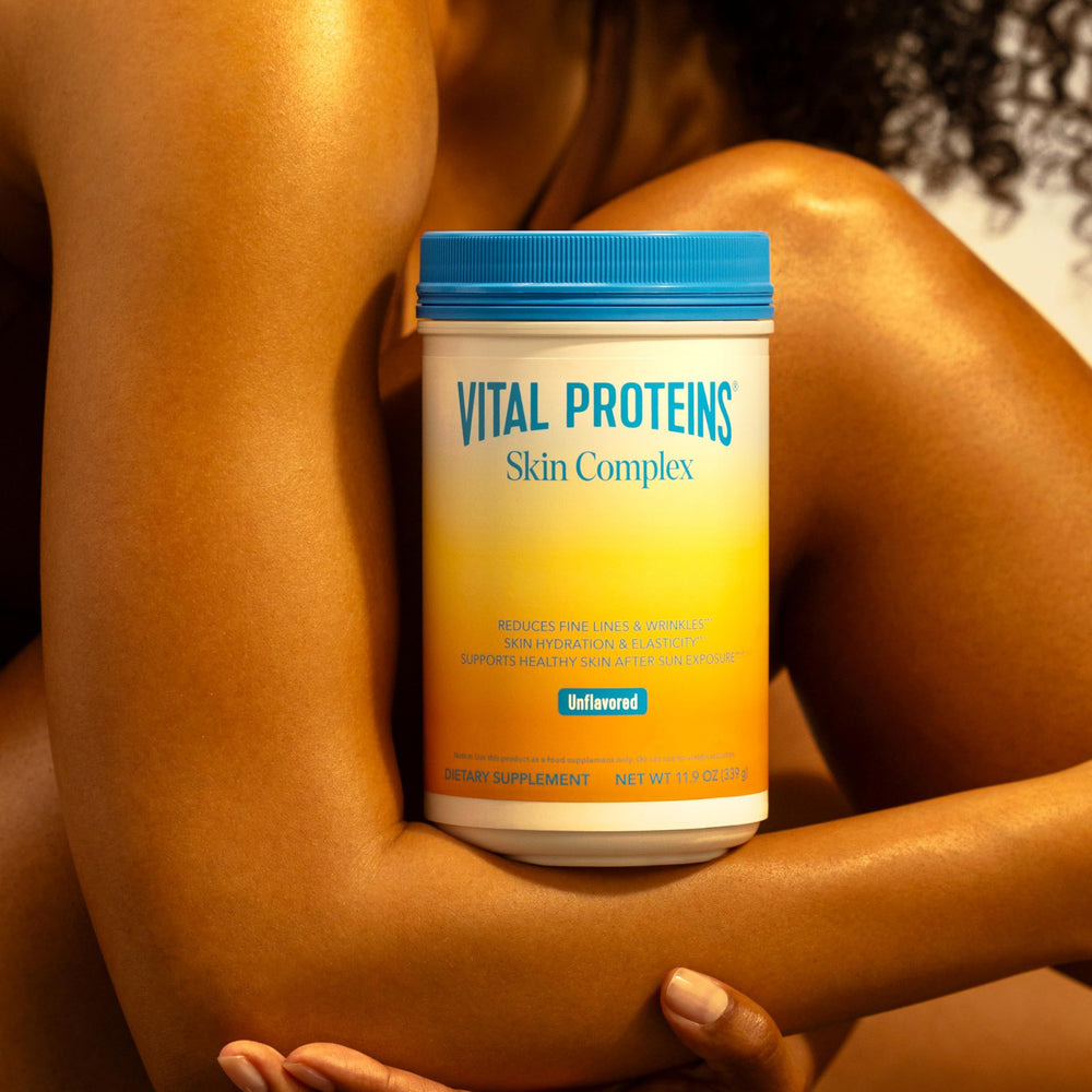 Vital Proteins Skin Complex brand label closeup emphasizes premium collagen blend quality.