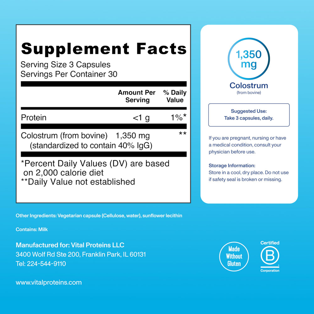 Vital Proteins unflavored colostrum supplement bottle with no added flavors.