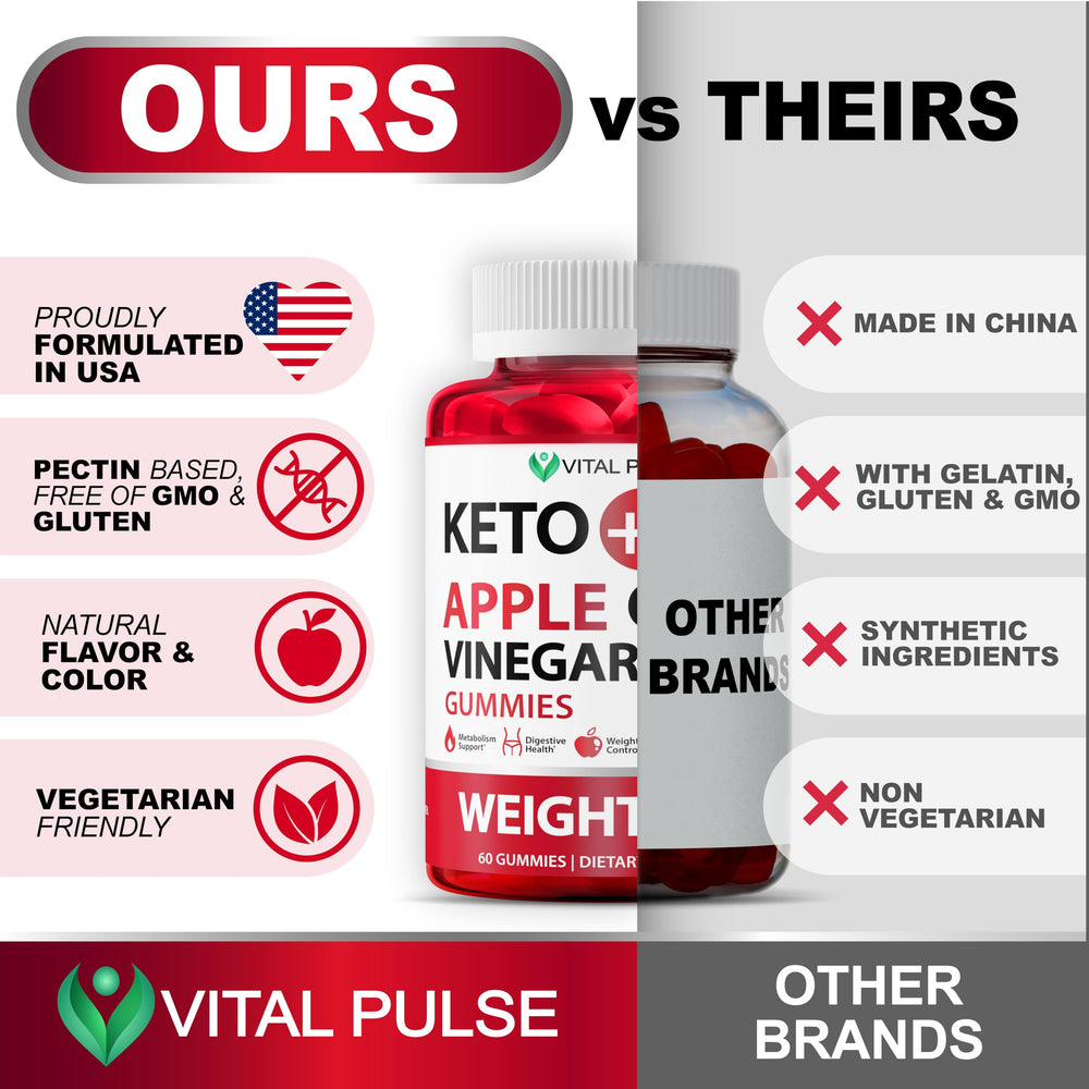 Vital Pulse Keto ACV Gummies label closeup noting vegetarian, gelatin-free ingredients