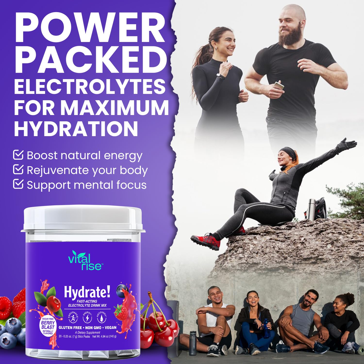 Vital Rise Hydrate Berry Blast powder mixed in water for a refreshing drink