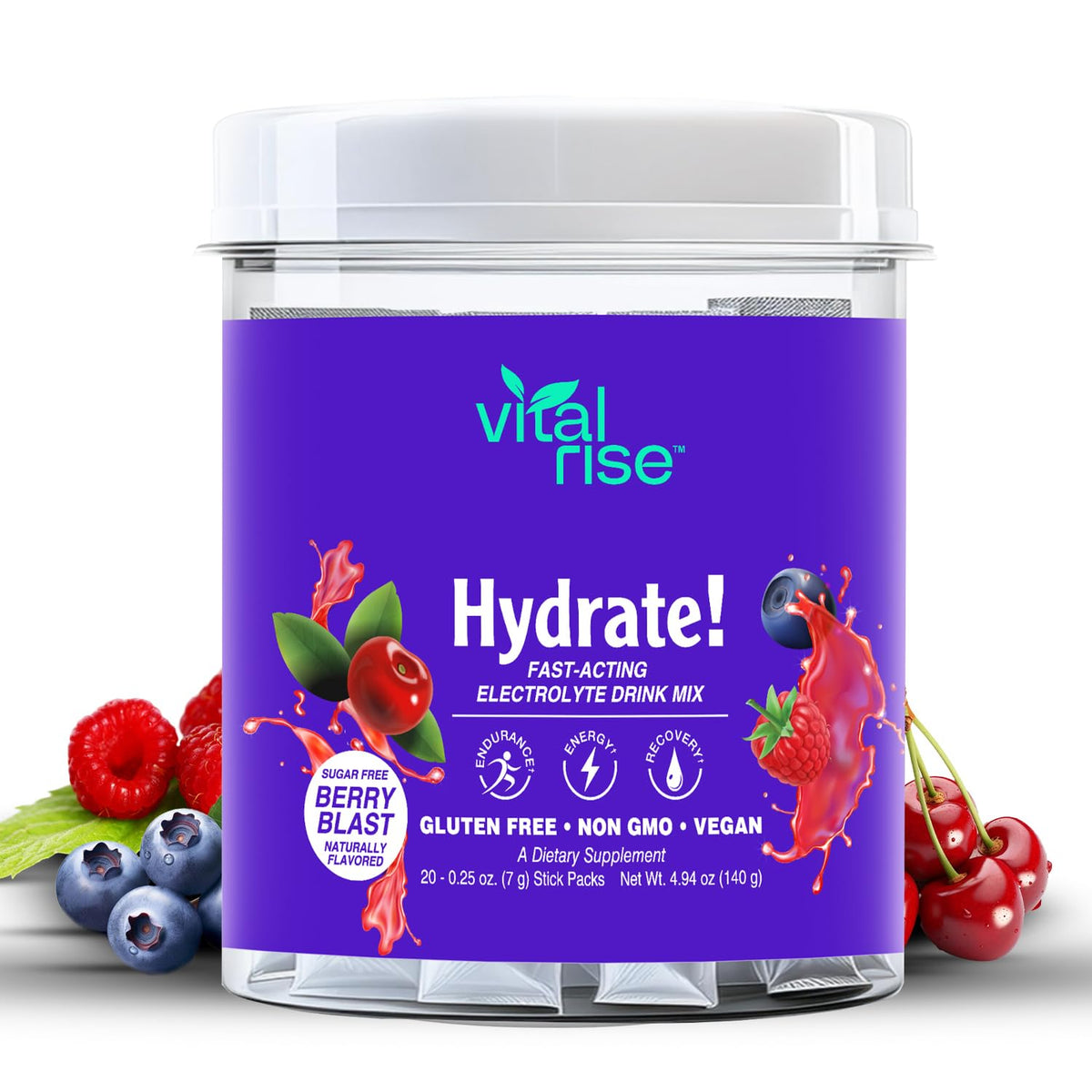 Vital Rise Hydrate Berry Blast packet pouring into water for quick hydration