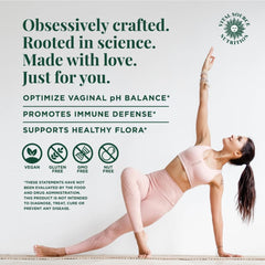 Feminine Balance Gummies label close-up with vegan and gluten-free ingredients.