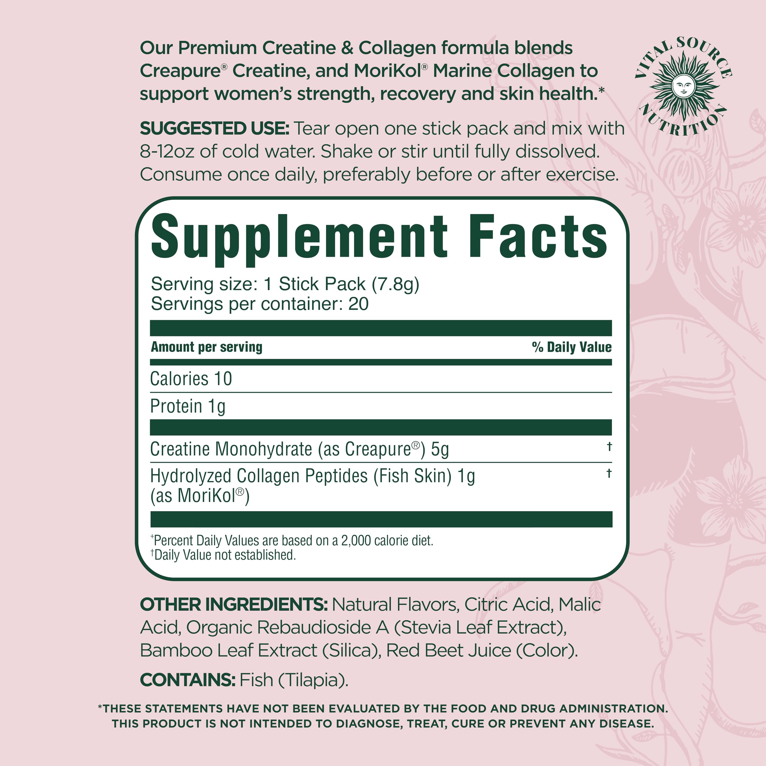 Vital Source Nutrition FleXi label-detail highlights collagen and creatine for joint and bone health.