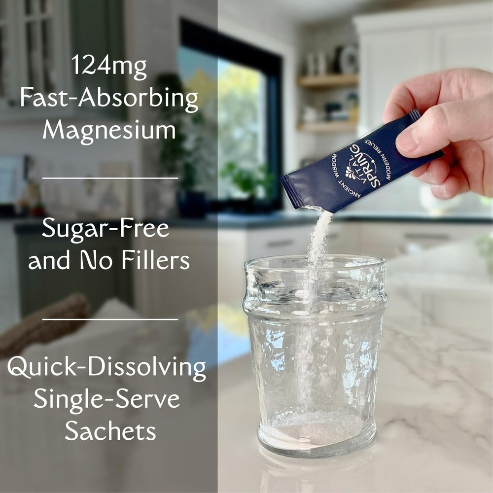 Vital Spring sachets dissolving in water showing quick, smooth mix