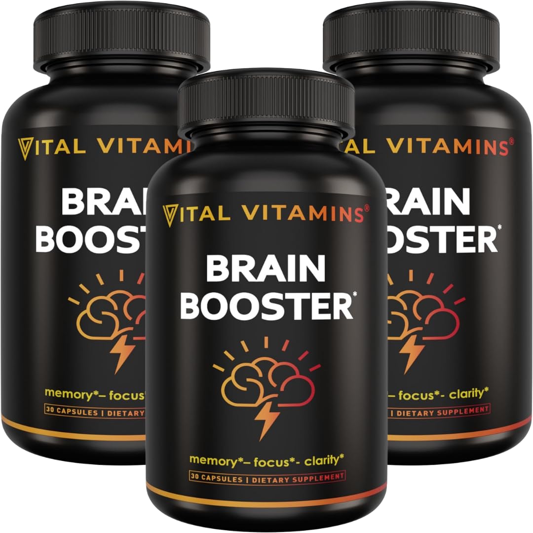 Vital Vitamins Brain Booster bottle highlighting caffeine-free focus support