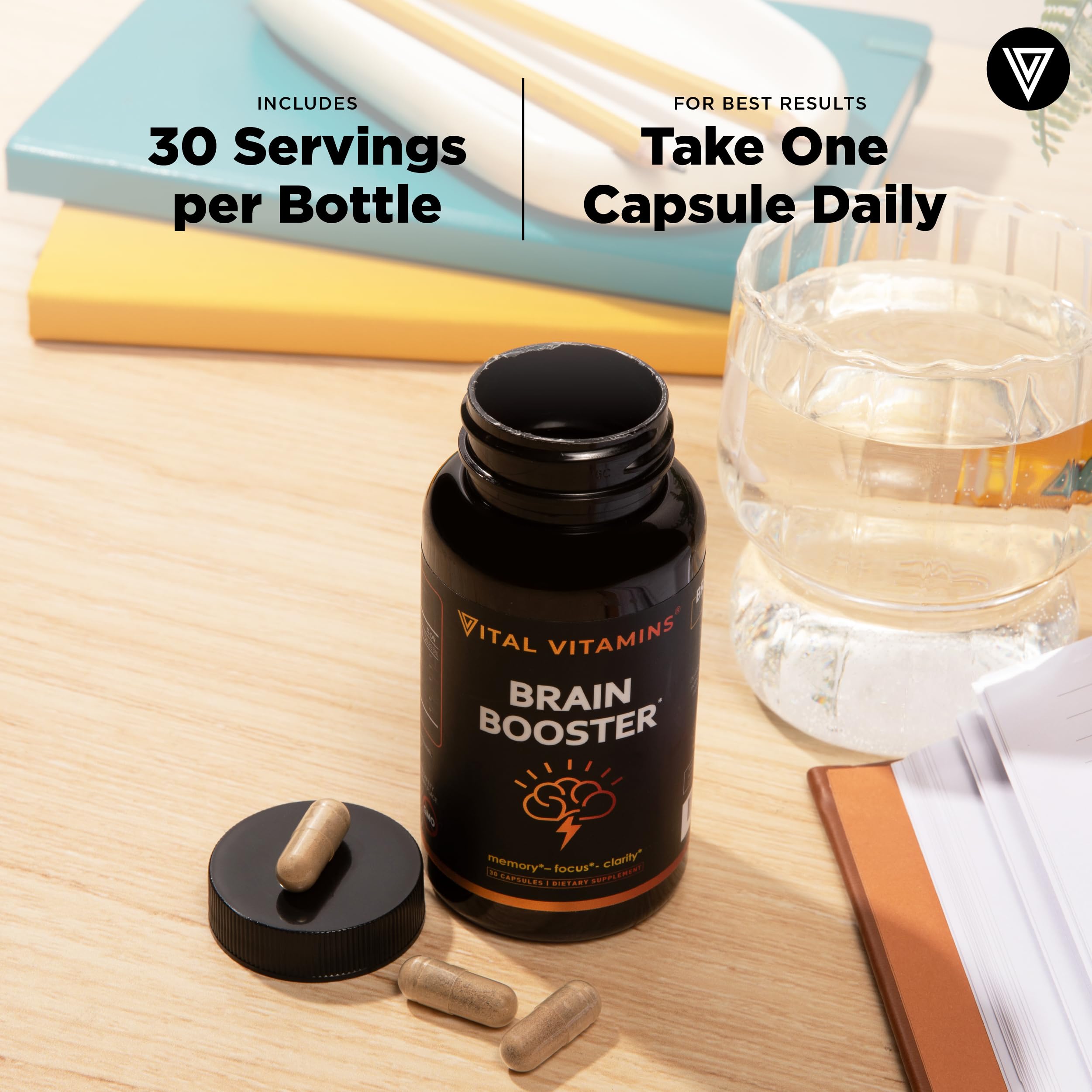 Caffeine-free Vital Vitamins brain supplement bottle for steady energy without jitters