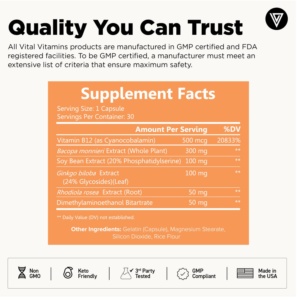 Ginkgo Biloba imagery on Vital Vitamins brain supplement packaging for memory support