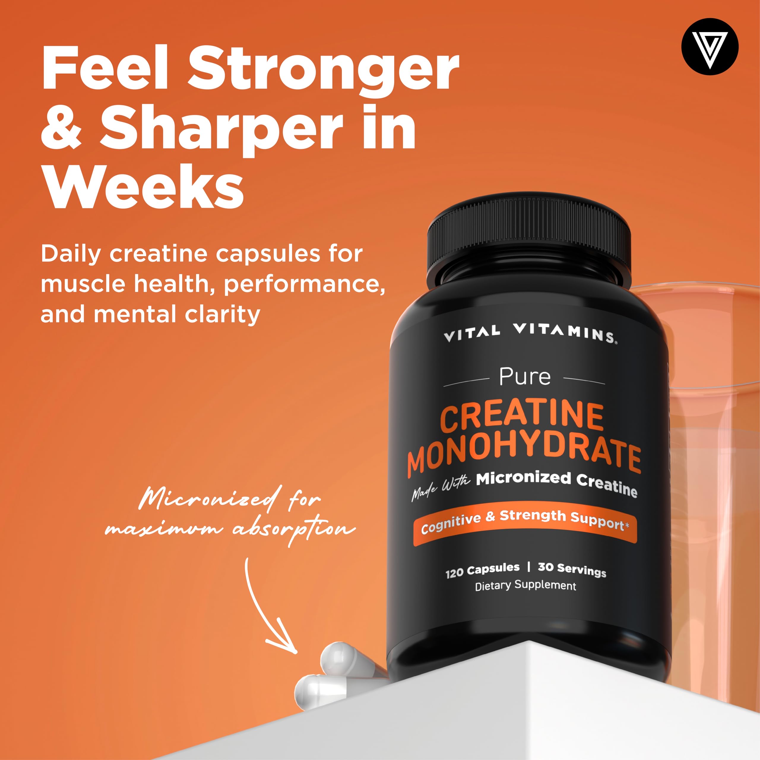 Close-up of Vital Vitamins creatine capsules for easy daily use