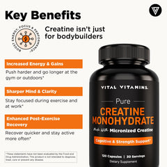 Vital Vitamins creatine-monohydrate pills on bottle label emphasizing quality