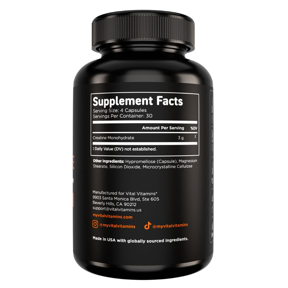 Vital Vitamins USA-made creatine-monohydrate capsules verified for quality