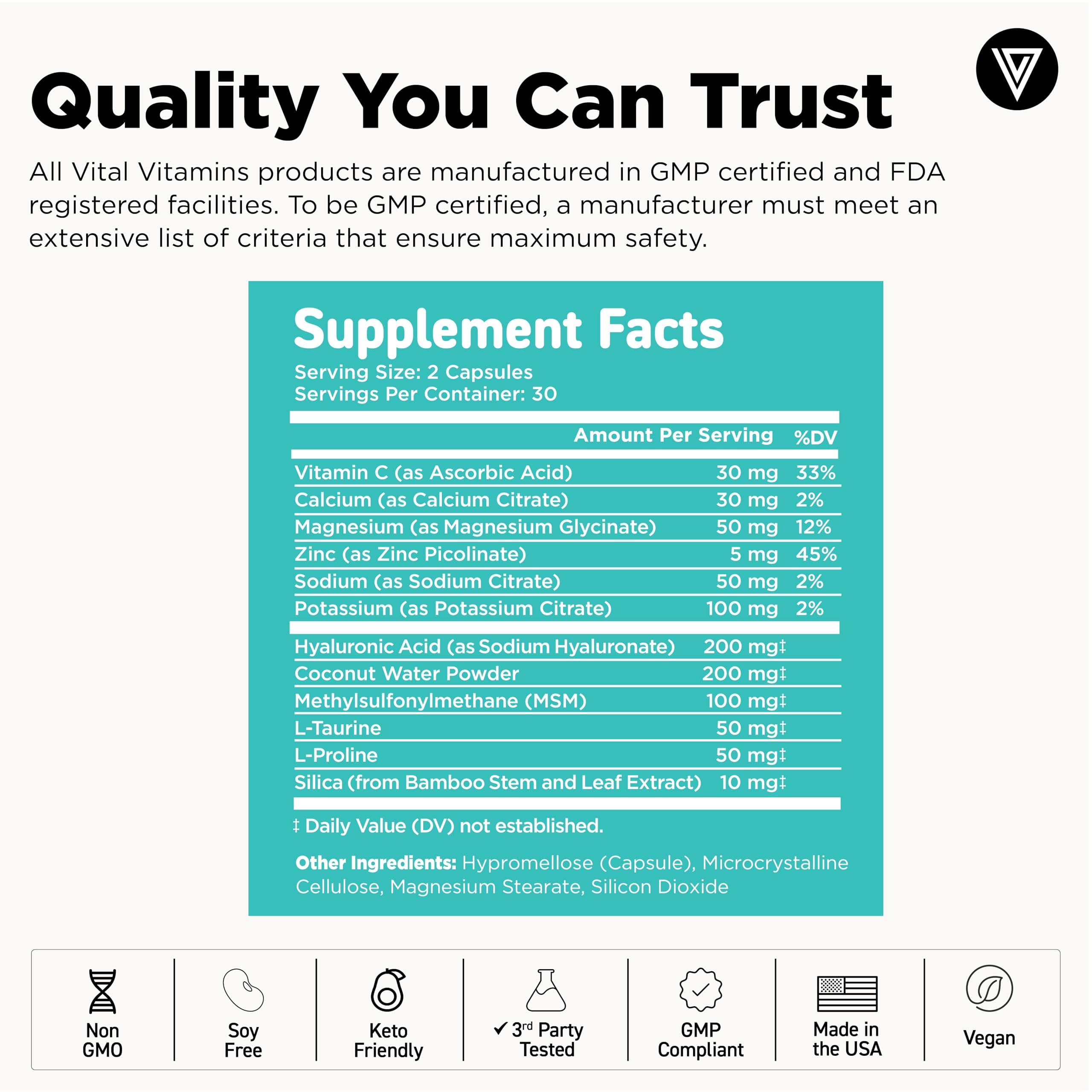 Vital Vitamins Hyaluronic Acid glass of water with support for hydration.