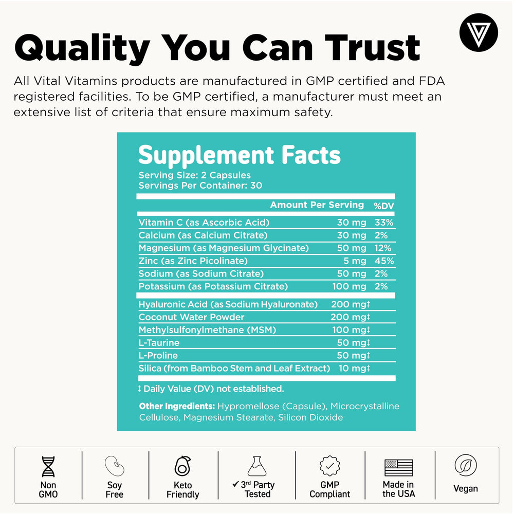 Vital Vitamins Hyaluronic Acid glass of water with support for hydration.