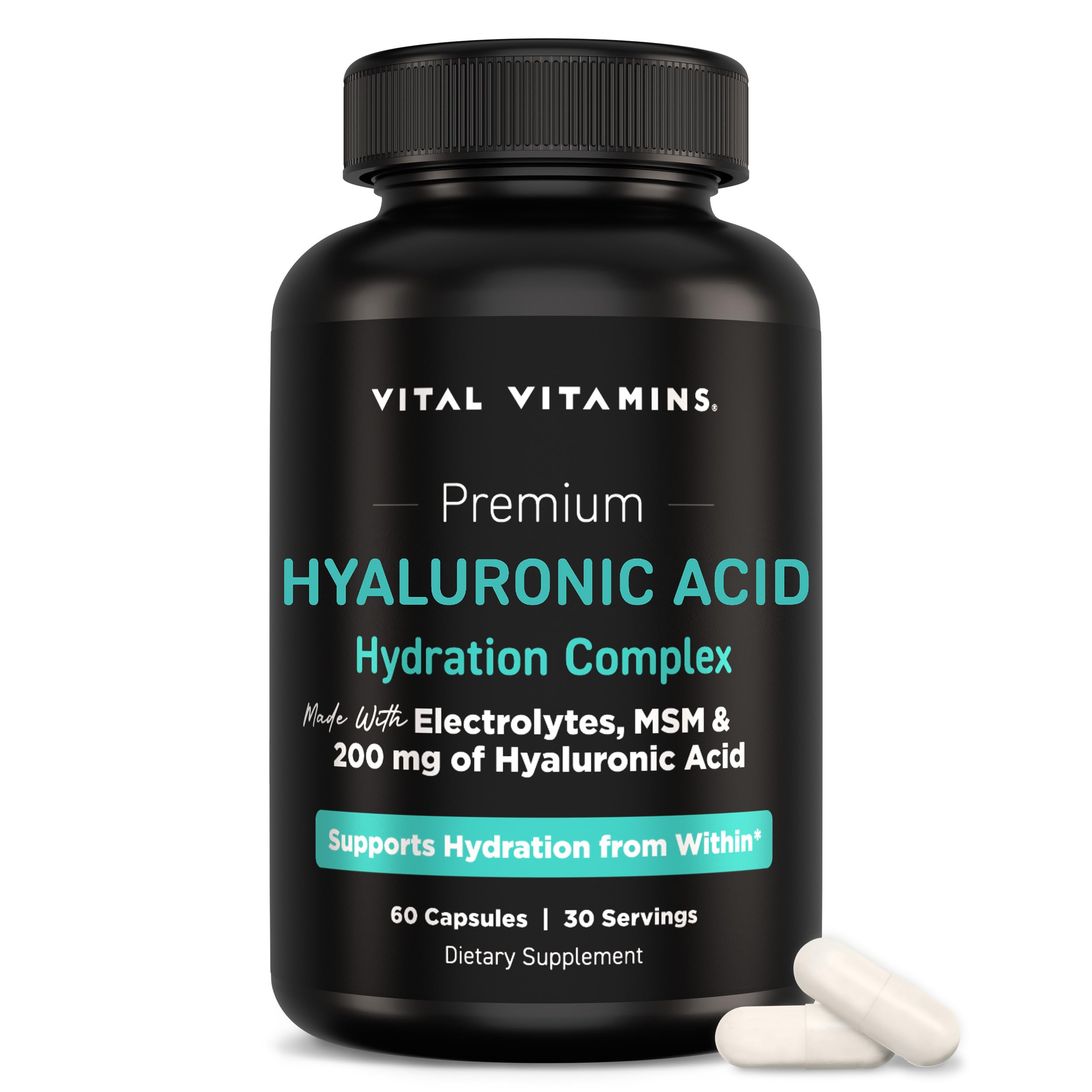 Vital Vitamins Hyaluronic Acid Hydration bottle promotes inner moisture for smoother skin.