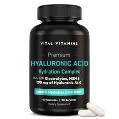 Vital Vitamins Hyaluronic Acid Hydration bottle promotes inner moisture for smoother skin.