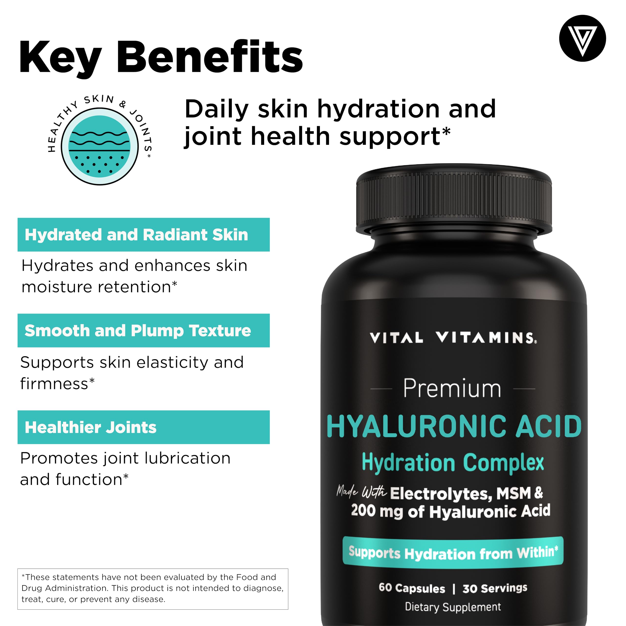 Vital Vitamins Hyaluronic Acid label detail emphasizing non-GMO and clean ingredients.