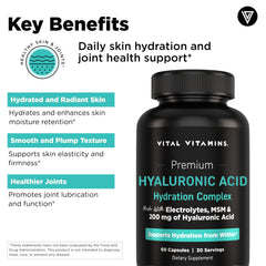 Vital Vitamins Hyaluronic Acid label detail emphasizing non-GMO and clean ingredients.