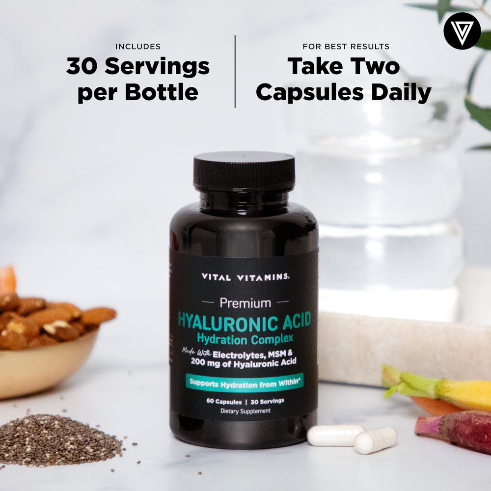 Vital Vitamins Hyaluronic Acid Non-GMO seal on packaging asserts quality.