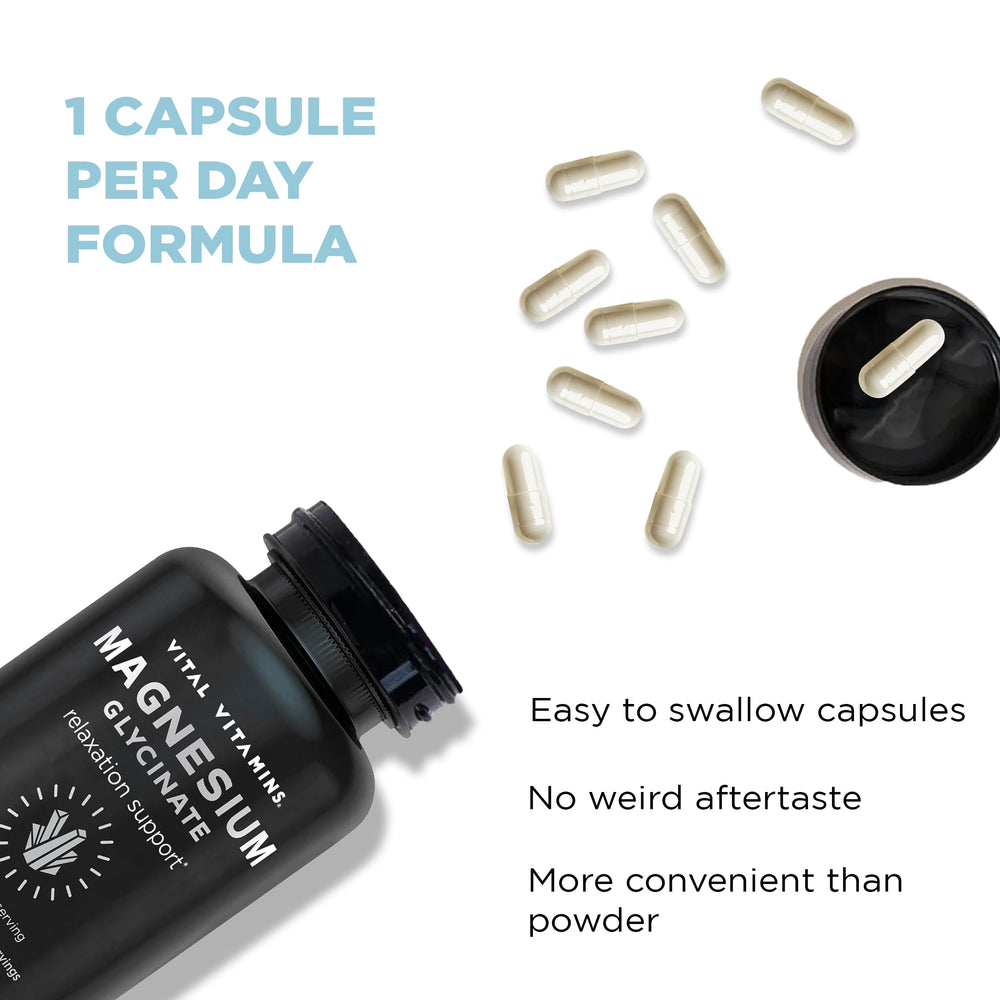 Vital Vitamins Magnesium Glycinate non-GMO capsule closeup signals a clean formula