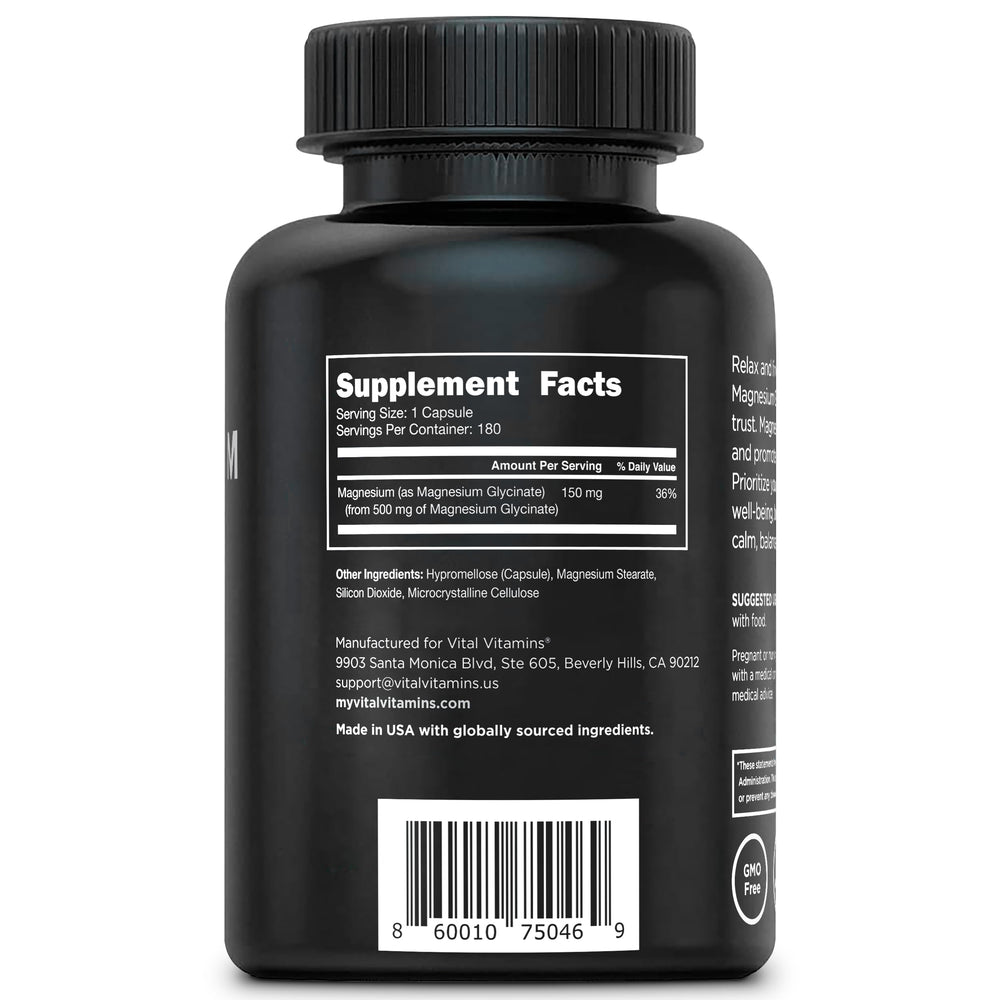 Vital Vitamins Magnesium Glycinate smooth-dissolution capsules enable easy daily use